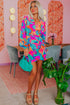 Multi-Color Abstract Print Wrap V Neck Puff Sleeve Dress